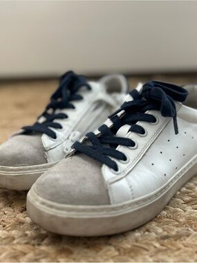 White Leather Waterproof Kids Sneakers with Gray Suede Toe and Navy Zip Laces